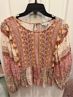 American Eagle Outfitters Pink, Cream & Orange Embroidered Boho Blouse